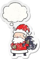 cartoon santa claus and thought bubble as a distressed worn sticker vector