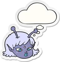 cartoon alien space girl face and thought bubble as a printed sticker vector