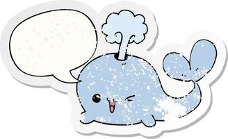 cartoon whale and speech bubble distressed sticker vector