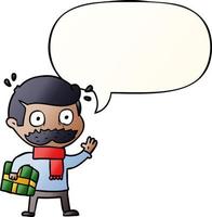 cartoon man and mustache and christmas present and speech bubble in smooth gradient style vector