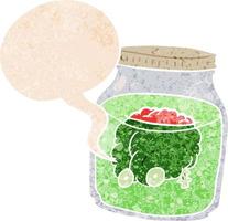 cartoon spooky brain in jar and speech bubble in retro textured style vector