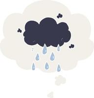 nube de dibujos animados lloviendo y burbuja de pensamiento en estilo retro vector