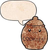 cartoon cookie jar and speech bubble in retro texture style vector