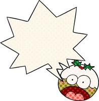 cartoon christmas pudding and shocked face and speech bubble in comic book style vector