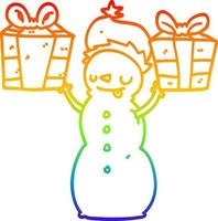 rainbow gradient line drawing cartoon snowman with present vector