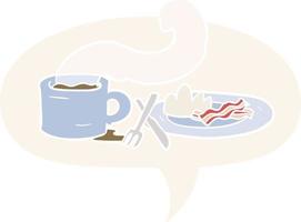 cartoon breakfast of coffee and bacon and speech bubble in retro style vector