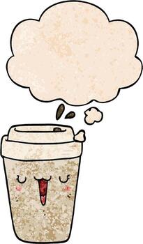 caricatura, taza de café, y, pensamiento, burbuja, en, grunge, textura, patrón, estilo vector