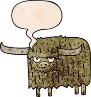 cartoon hairy cow and speech bubble in retro texture style vector