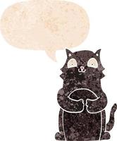cartoon cat and speech bubble in retro textured style vector
