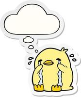 cartoon crying bird and thought bubble as a printed sticker vector