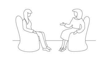 profesión de psicólogo. chica en psicoterapia. psicólogo hablando con el paciente. dos mujeres se comunican en sillones. ilustración de línea delgada sobre fondo blanco