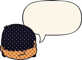 cartoon face and hair over eyes and speech bubble in comic book style vector