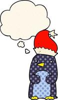 cute christmas penguin and thought bubble in comic book style vector