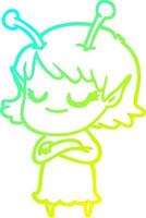 cold gradient line drawing smiling alien girl cartoon vector
