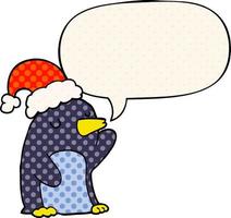 lindo pingüino de navidad de dibujos animados y burbuja de habla al estilo de un libro de historietas vector