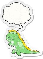 cartoon dinosaur and thought bubble as a distressed worn sticker vector