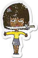 retro distressed sticker of a cartoon woman with knife between teeth vector