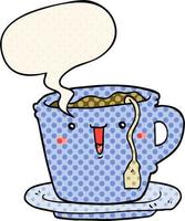 cute cartoon cup and saucer and speech bubble in comic book style vector