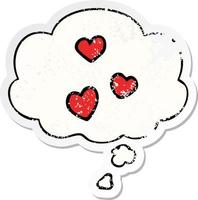 cartoon love heart and thought bubble as a distressed worn sticker vector