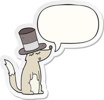 cartoon wolf whistling wearing top hat and speech bubble sticker vector