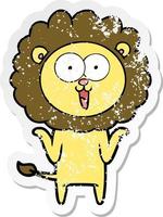 distressed sticker of a happy cartoon lion vector