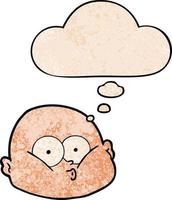 cartoon curious bald man and thought bubble in grunge texture pattern style vector