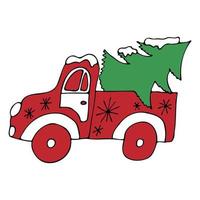 Christmas pickup truck with a Christmas tree. Red Christmas truck with a green Christmas tree hand drawn on a white background. Vector illustration.