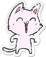 distressed sticker of a happy cartoon cat meowing vector