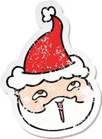 distressed sticker cartoon of a male face with beard wearing santa hat vector