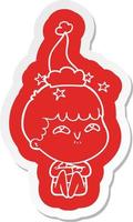 cartoon  sticker of a amazed boy wearing santa hat vector