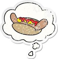 cartoon hot dog and thought bubble as a distressed worn sticker vector