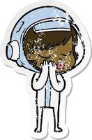 distressed sticker of a cartoon pretty astronaut girl vector