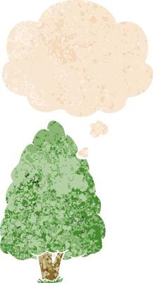 cartoon tall tree and thought bubble in retro textured style