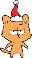 bored line drawing of a cat wearing santa hat vector