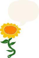 caricatura, girasol, y, burbuja del discurso, en, estilo retro vector