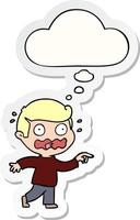 cartoon stressed out pointing and thought bubble as a printed sticker vector