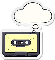 cartoon old cassette tape and thought bubble as a printed sticker vector