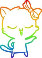 rainbow gradient line drawing cartoon cat with bow on head vector