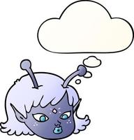 cartoon alien space girl face and thought bubble in smooth gradient style vector