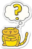 cartoon cat with question mark and thought bubble as a printed sticker vector