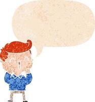 cartoon laughing boy and speech bubble in retro textured style vector