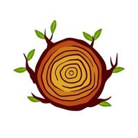 Cut tree trunk. Stump cross section. Concentric circular pattern on brown wood. Logger and Woodworking Industry Icon. Branch with leaves vector