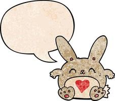 cute cartoon rabbit and love heart and speech bubble in retro texture style vector