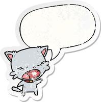 cute cartoon cat talking and speech bubble distressed sticker vector