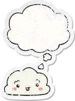 cartoon cloud and thought bubble as a distressed worn sticker vector