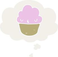 cupcake de dibujos animados con cara y burbuja de pensamiento en estilo retro vector