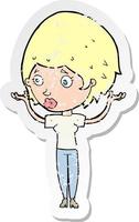 retro distressed sticker of a cartoon woman raising hands in air vector