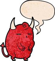 cartoon fat little halloween devil and speech bubble in retro texture style vector