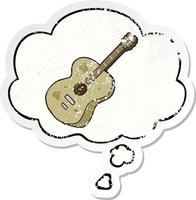 cartoon guitar and thought bubble as a distressed worn sticker vector