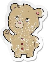 retro distressed sticker of a cartoon waving teddy bear vector